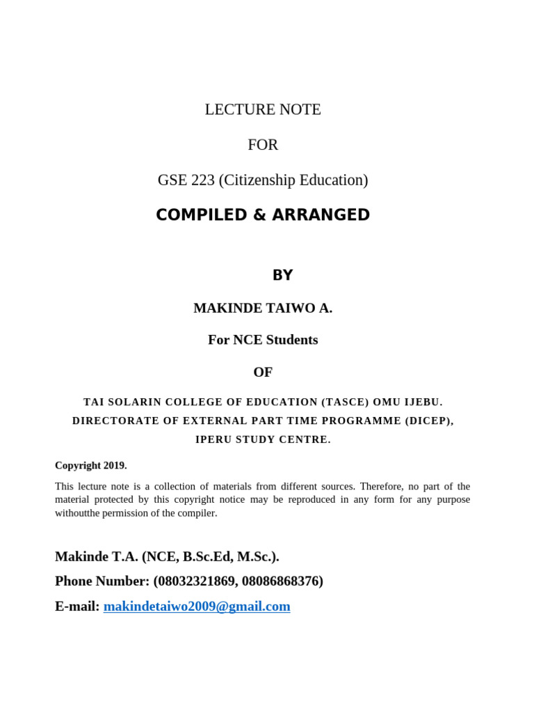 GSE 223: Nigerian Citizenship Education | PDF | Citizenship | Government