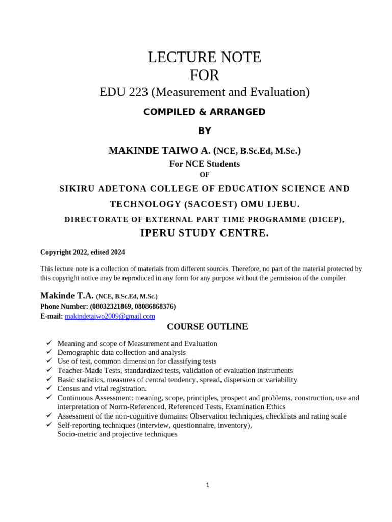 Measurement and Evaluation in Education | PDF | Level Of Measurement ...