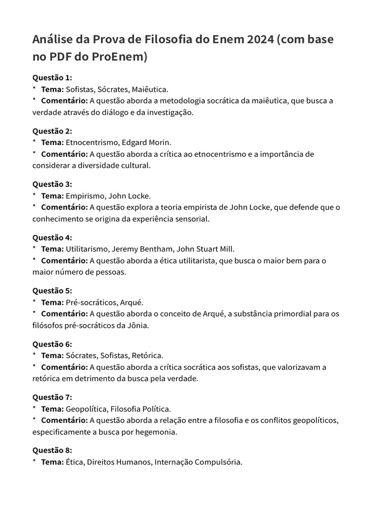 Análise Da Prova de Filosofia Do Enem 2024 (Com Base No PDF Do ProEnem ...
