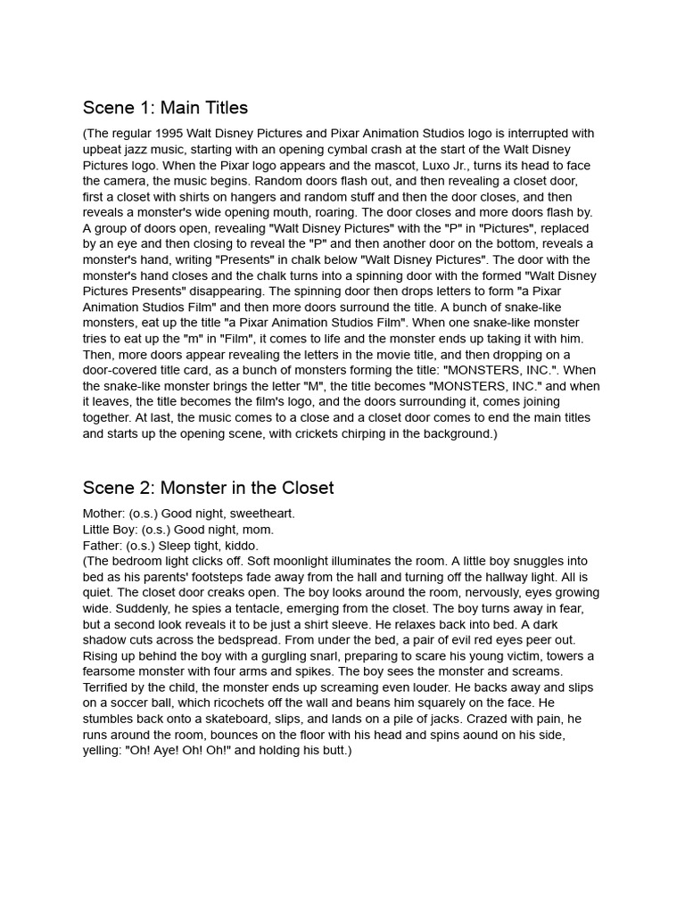 Monsters, Inc. Opening Scene Transcript | PDF | Pixar