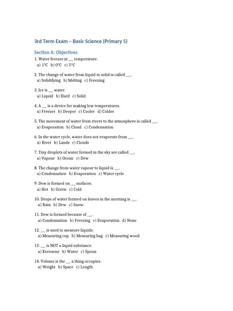 Basic Science Exam for Primary 5 Term 3 | PDF