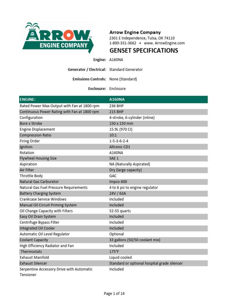 A160NA Genset Specifications Guide | PDF | Engines | Horsepower