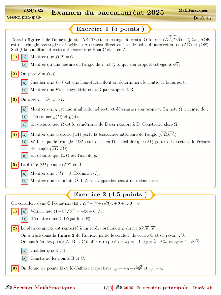 Correction Bac Math 2025 Session Principale | PDF | Tangente (géométrie ...