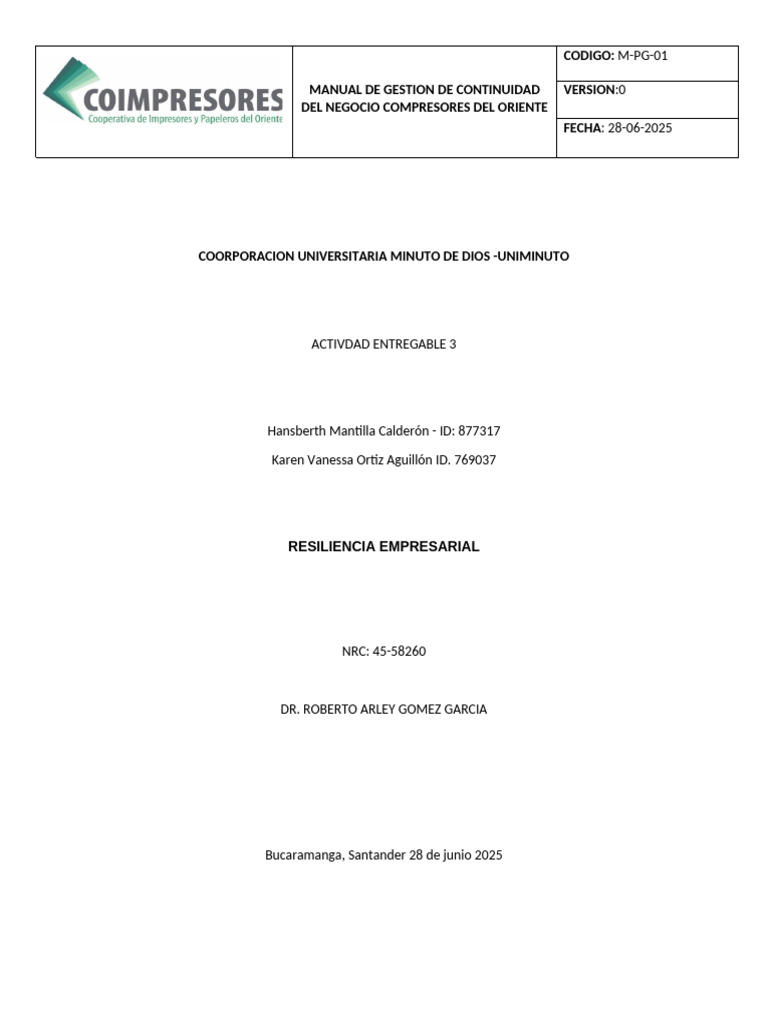 Manual de Continuidad del Negocio 2025 | PDF | Evaluación de riesgos ...