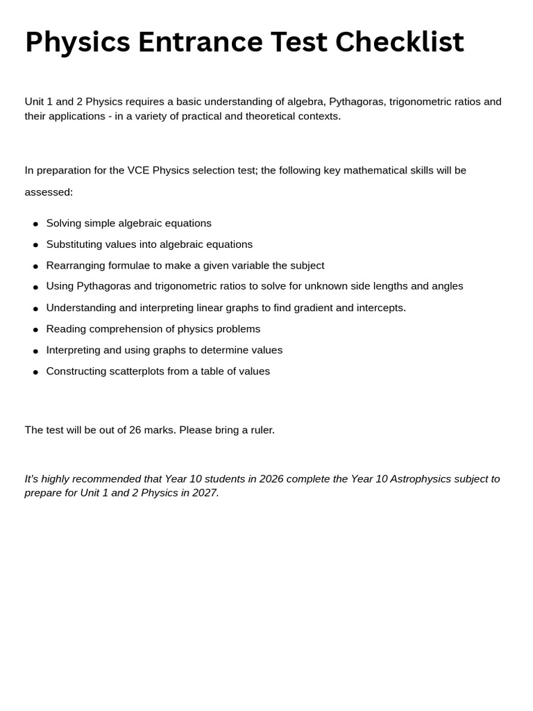 VCE Physics Test Preparation Checklist | PDF