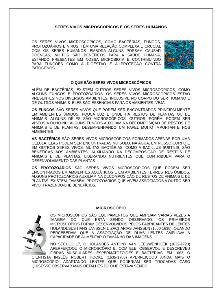 Relação entre Seres Microscópicos e Humanos | PDF | Bactérias ...