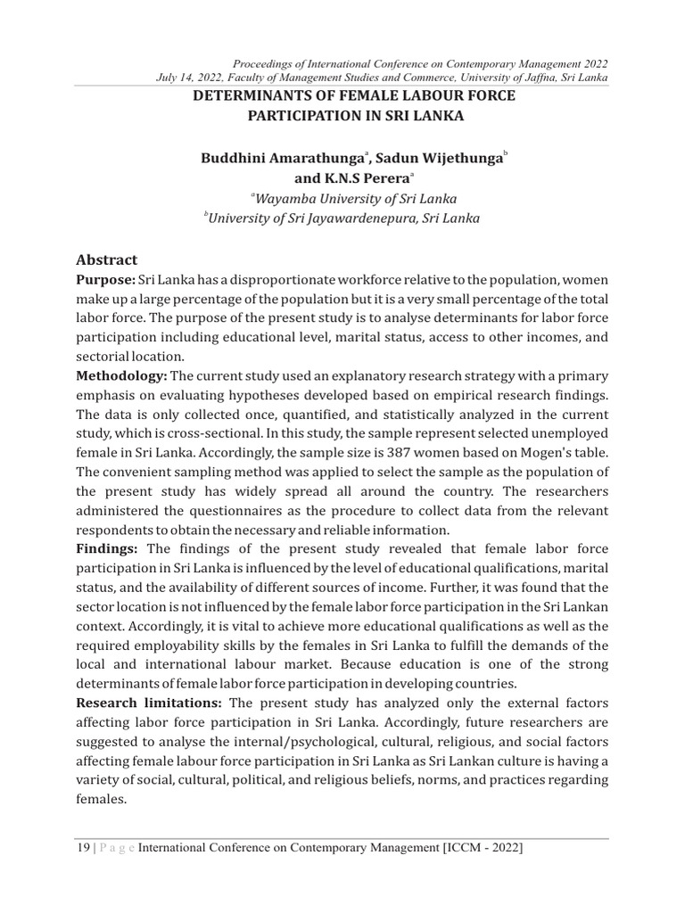 Determinants of Female Labour Force Participation in Sri Lanka | PDF ...