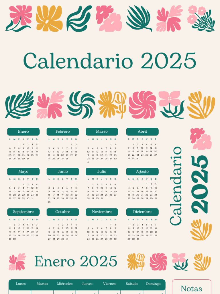 Calendario 2025 Ilustrado Floral Verde Rosa y Naranja - 20250615 ...