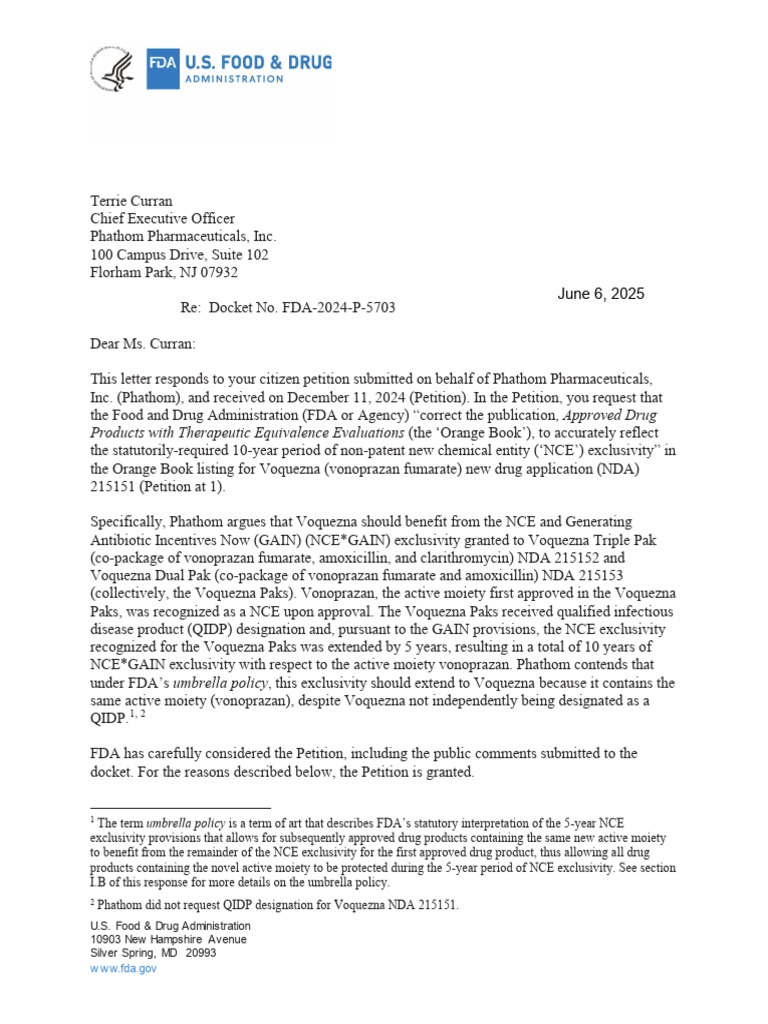 Voquezna NCE Exclusivity Approval Letter | PDF | Food And Drug ...