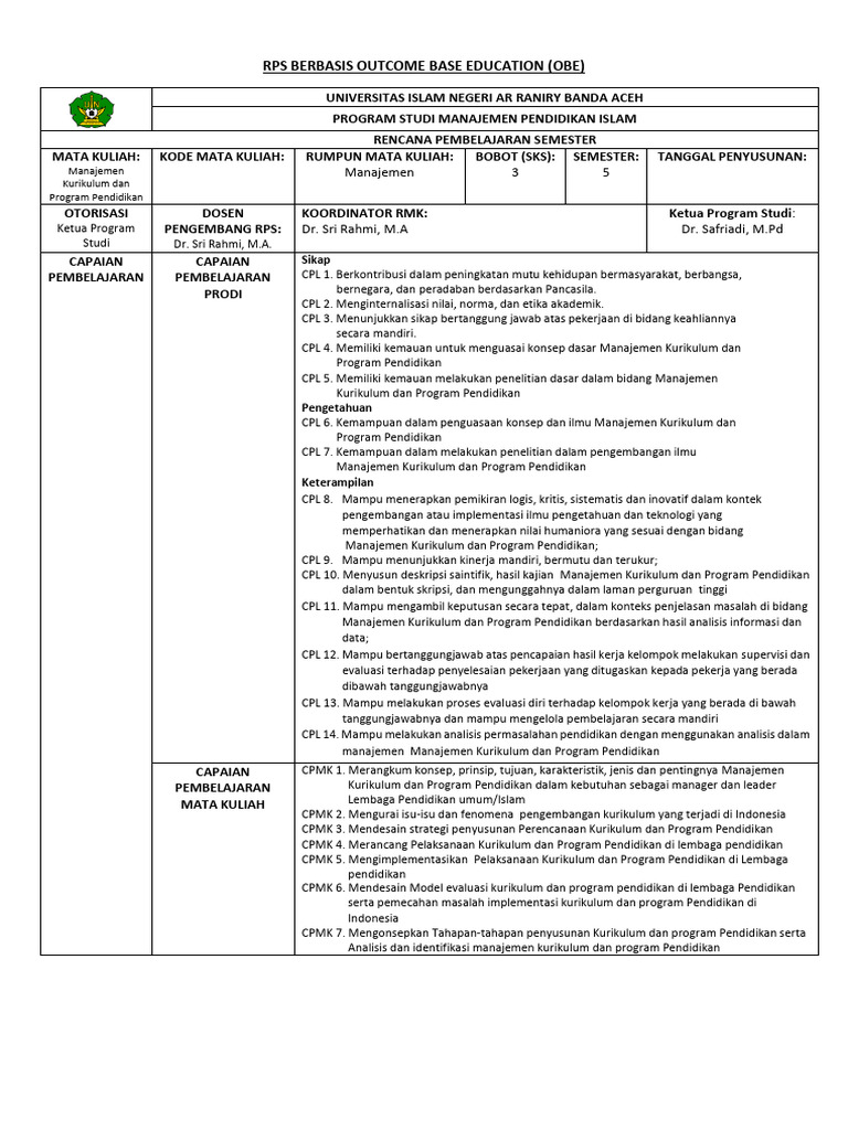 RPS Manajemen Kurikulum OBE UIN Ar-Raniry | PDF