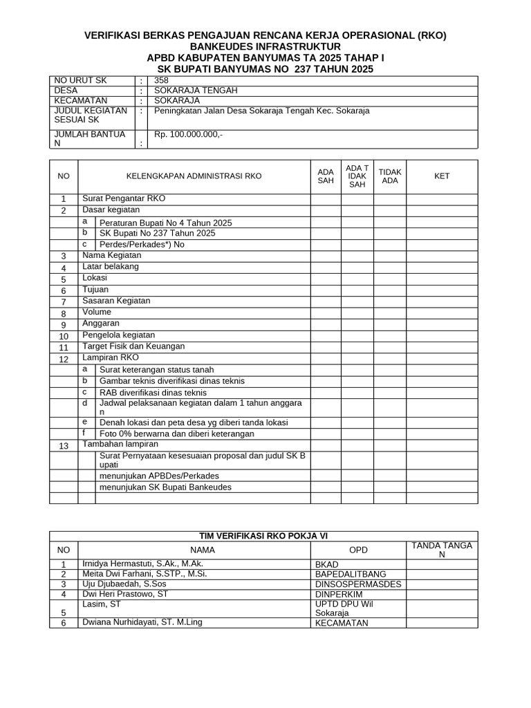 Verifikasi RKO Peningkatan Jalan Sokaraja | PDF