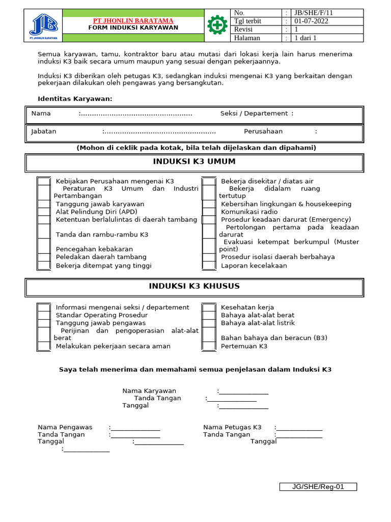 Form Induksi Karyawan Baru K3 | PDF