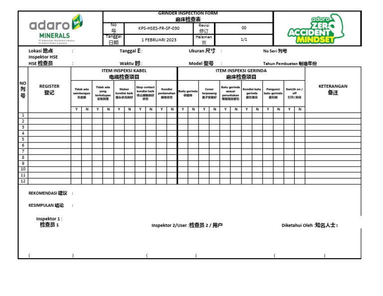 KPS HSES FR SF 030 Form Inspeksi Gerinda 磨床检查表 | PDF