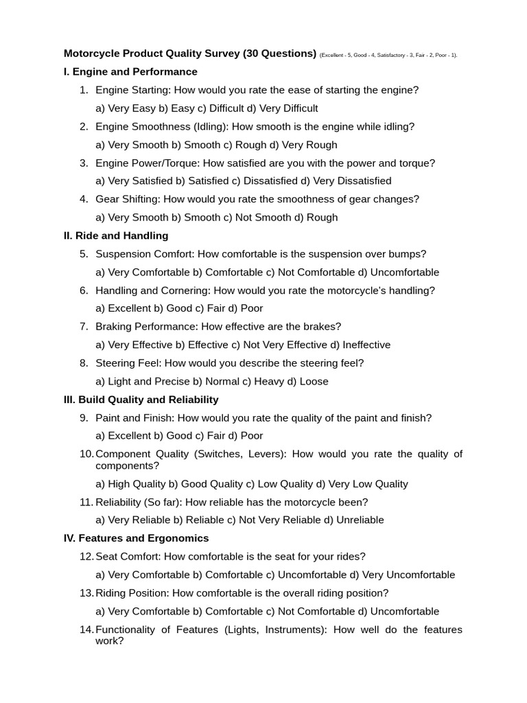Motorcycle Product Quality Survey | PDF | Motor Vehicle | Land Vehicles