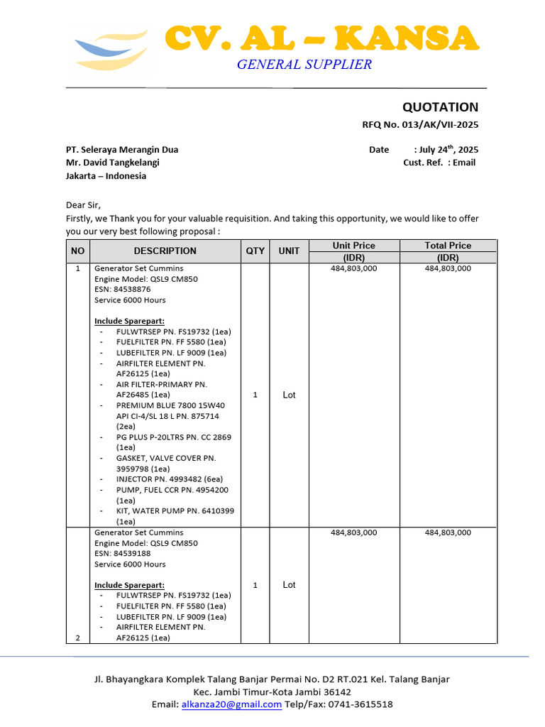 Genset Quotation for PT. Seleraya Merangin | PDF