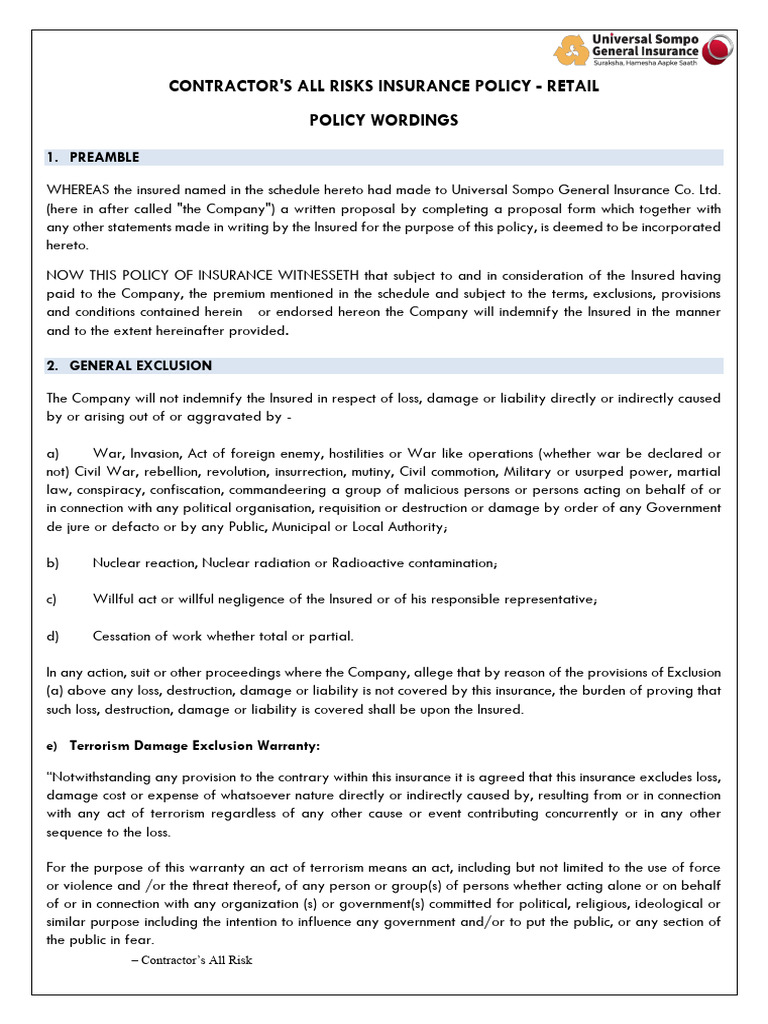 Contractor's All Risk Insurance Policy | PDF | Indemnity | Insurance