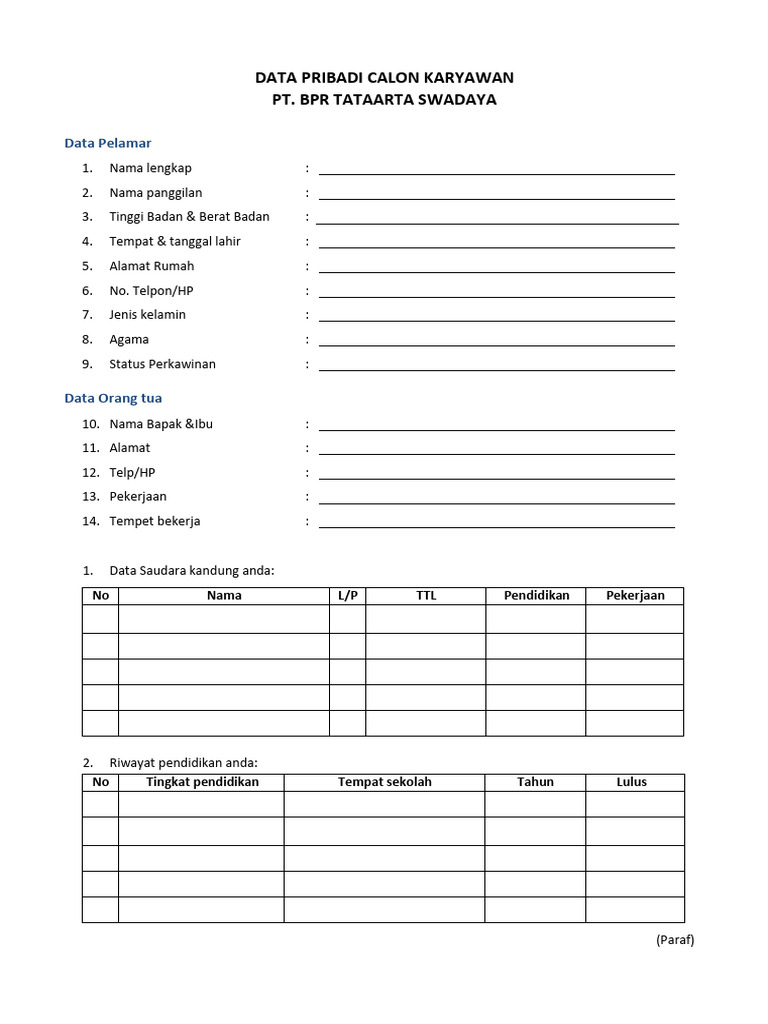 Data Pribadi Pelamar Kerja BPR | PDF