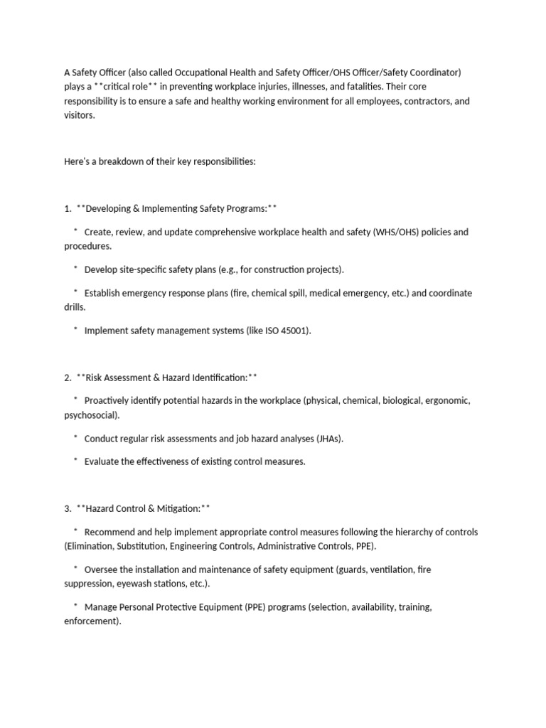 Safety Officer Responsibilities | PDF | Occupational Safety And Health ...