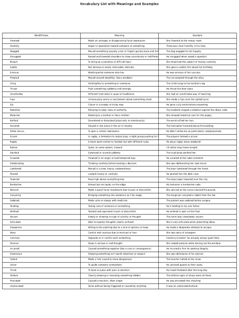 Vocabulary List with Examples | PDF