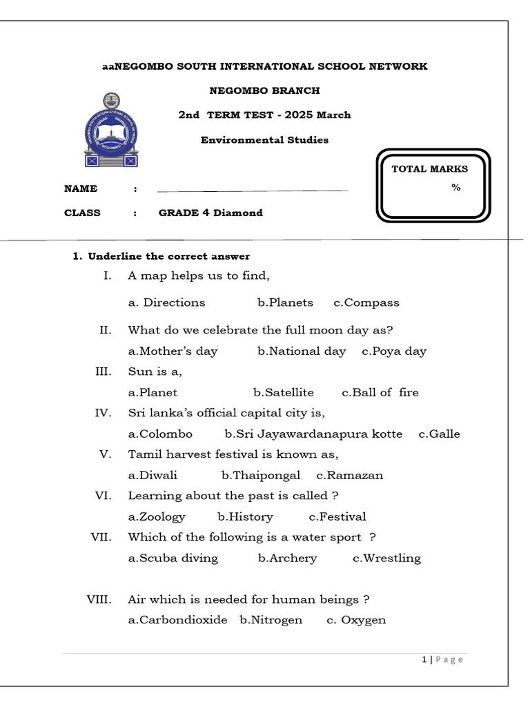 Grade 4 Environmental Studies Test | PDF | Sri Lanka