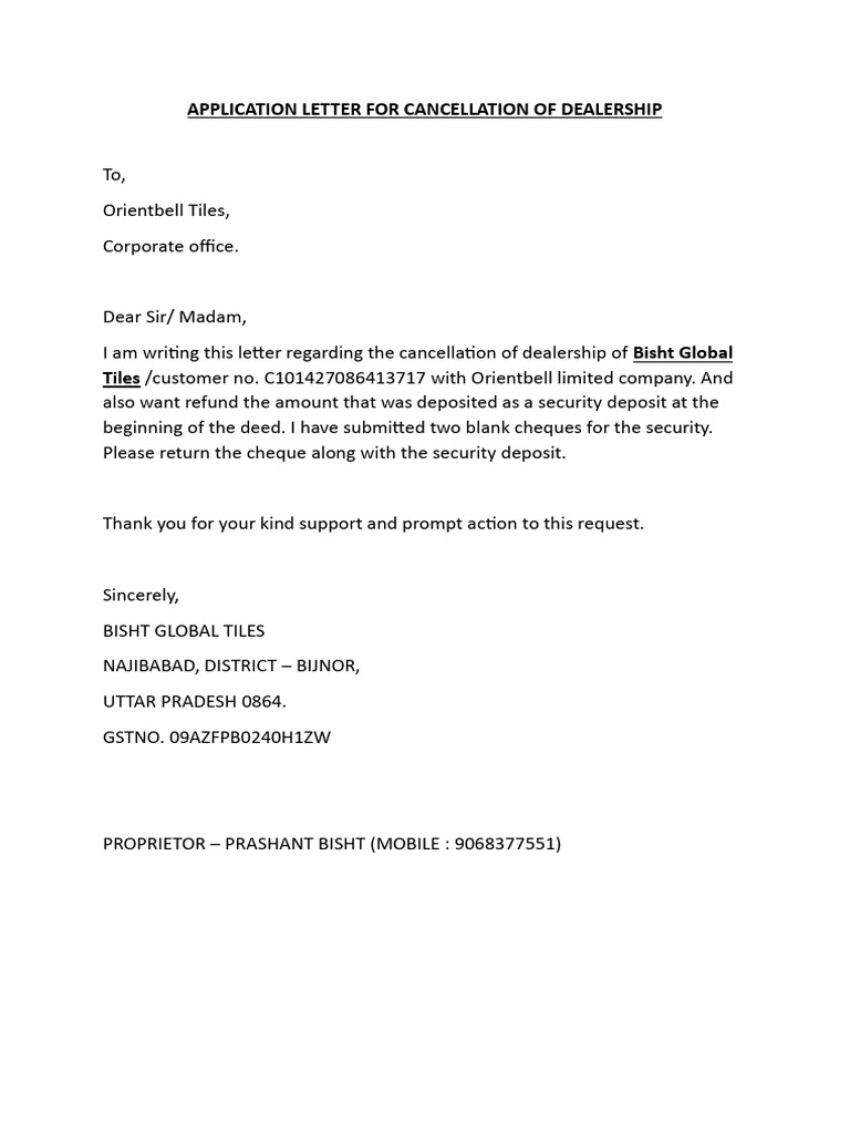 Dealership Cancellation Request Letter | PDF