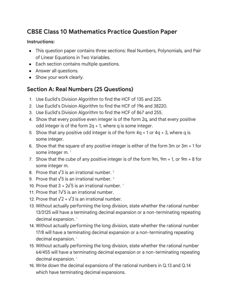 CBSE Class 10 Math Practice Paper | PDF | Numbers | Polynomial