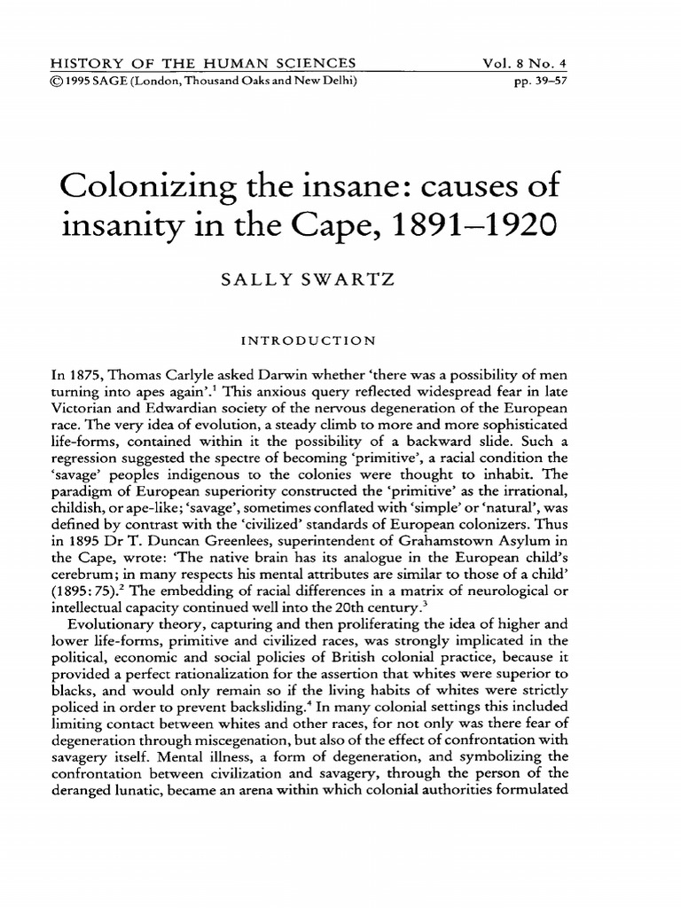 Colonizing the Insanen Causes of Insanity in the Cape 1821 1920 | PDF ...