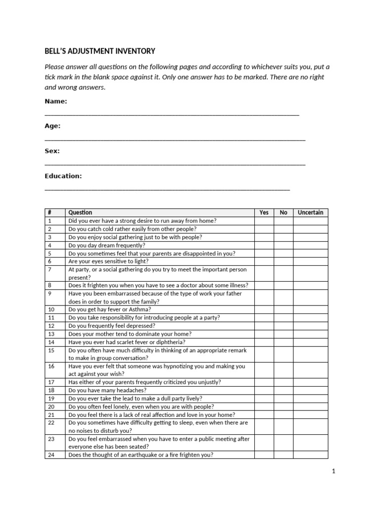 Bell's Adjustment Inventory Guide | PDF