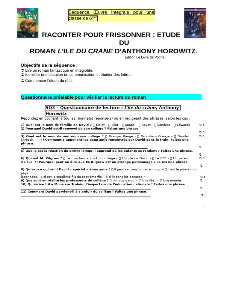Questionnaire sur L'île du Crâne PDF Linguistique — free download