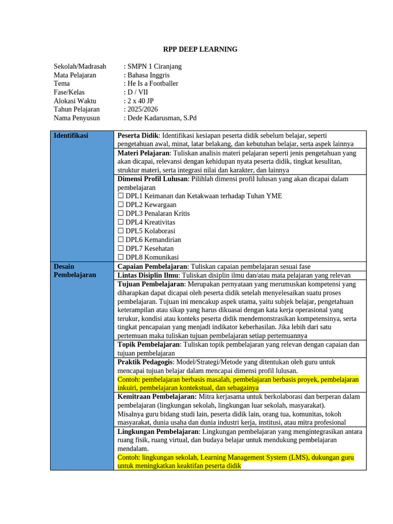 RPP Deep Learning untuk SMP Kelas VII | PDF