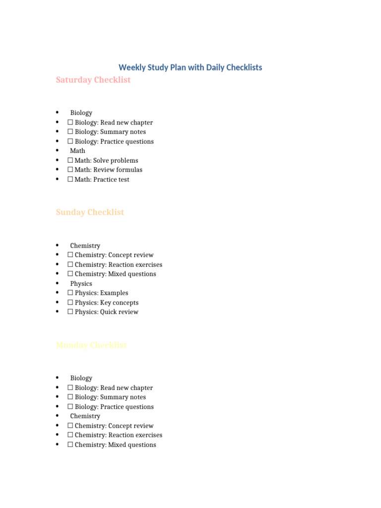 Weekly Study Plan with Checklists | PDF