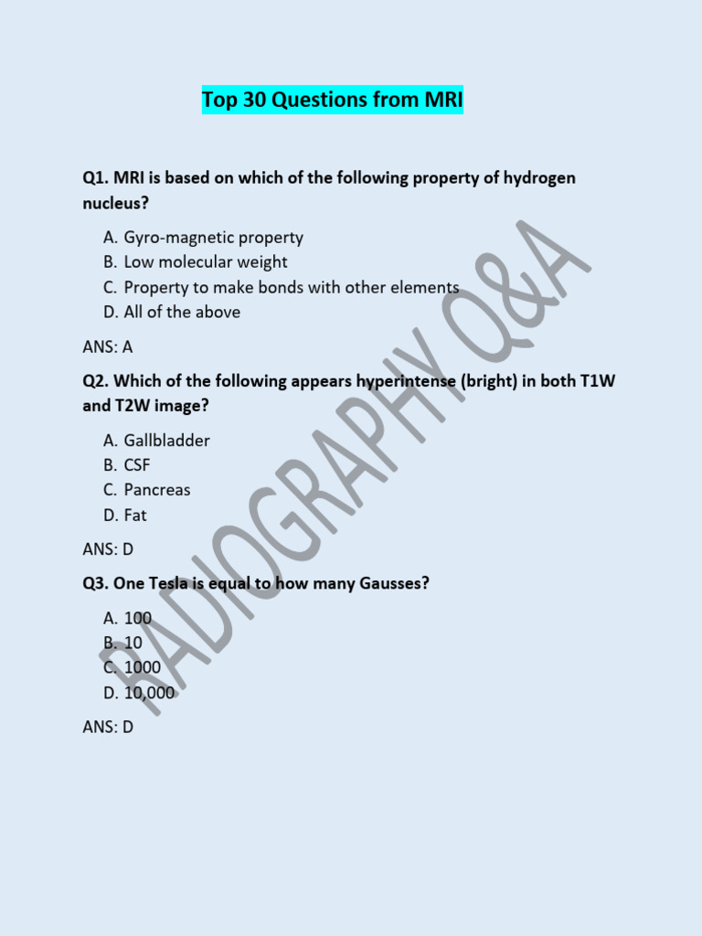 Top 30 MRI Questions and Answers | PDF | Magnetic Resonance Imaging ...