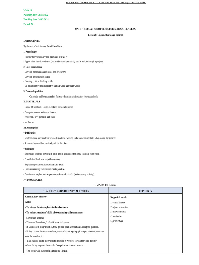 Thập Week 25 - Lesson Plan e 11 | PDF | Sentence (Linguistics) | Lesson ...