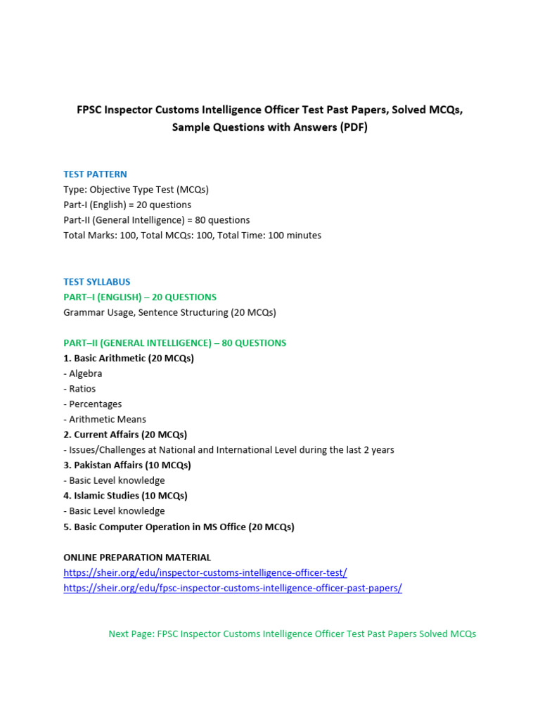 Inspector Customs Intelligence Exam Guide | PDF | Multiple Choice ...