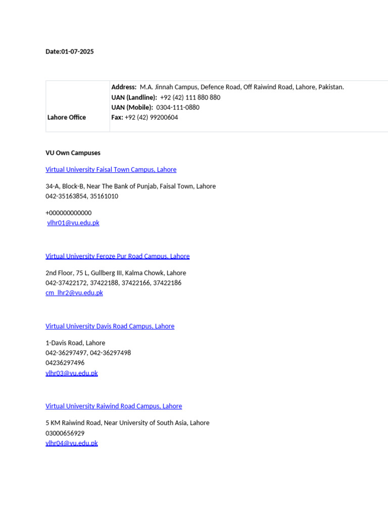 Virtual University Lahore Contact Info | PDF