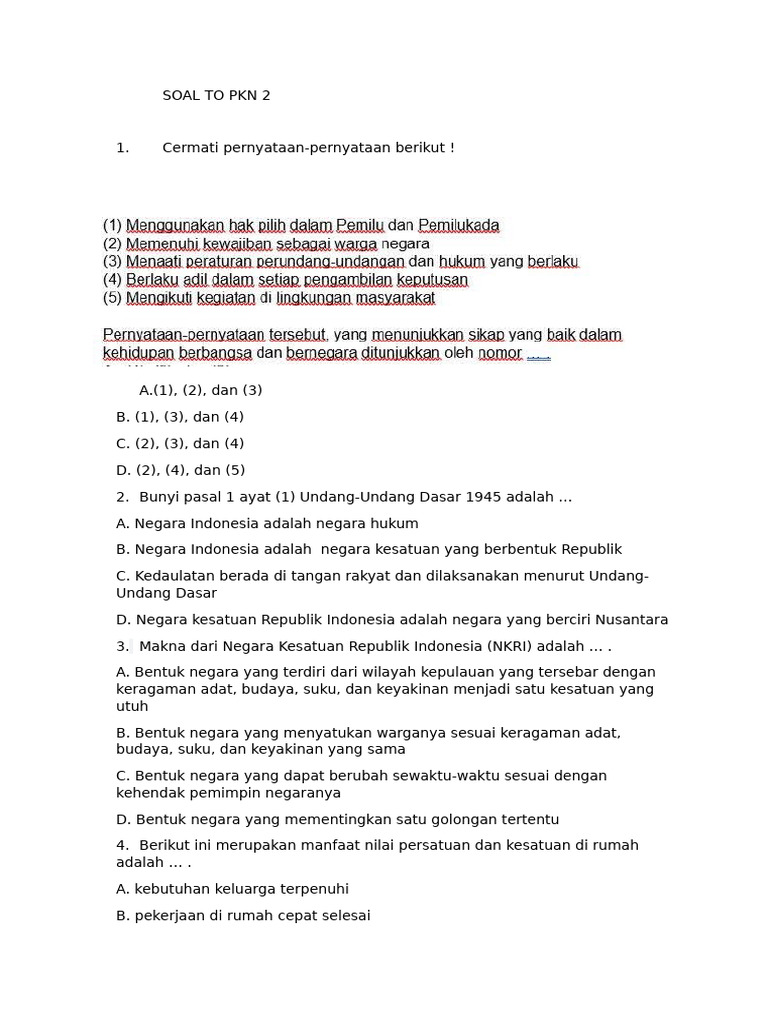 Soal PKN Kelas 2: Persatuan dan Kesatuan | PDF