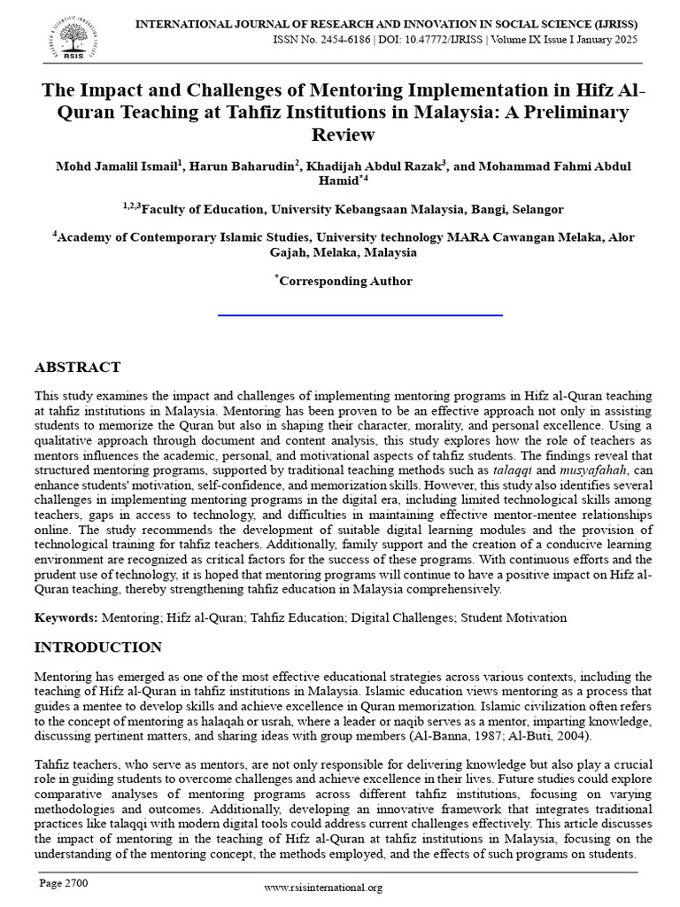 2025 The Impact and Challenges of Mentoring Implementation in Hifz Al ...
