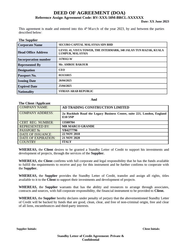 Draft Doa RV XXX 50m BRCL 2306xx | PDF | Letter Of Credit | Wire Transfer