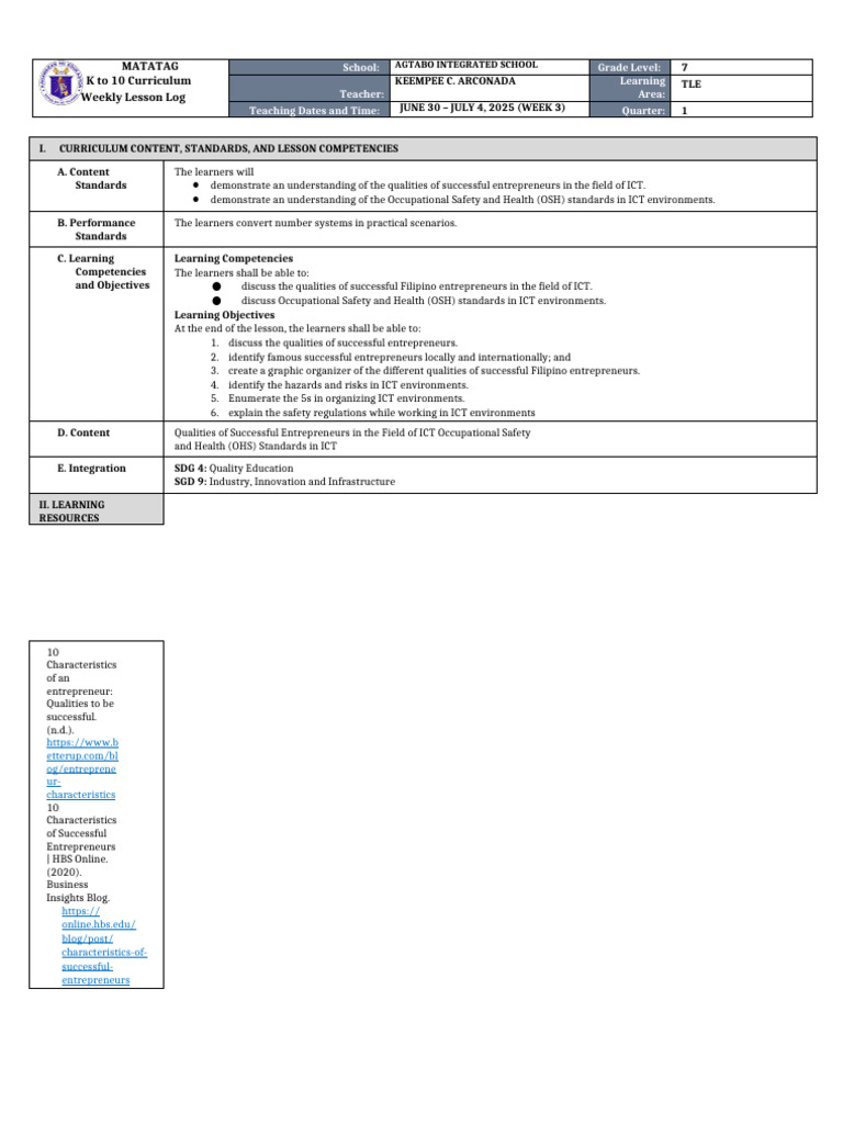 TLE Grade 7 Weekly Lesson Plan | PDF | Educational Technology | Hazards