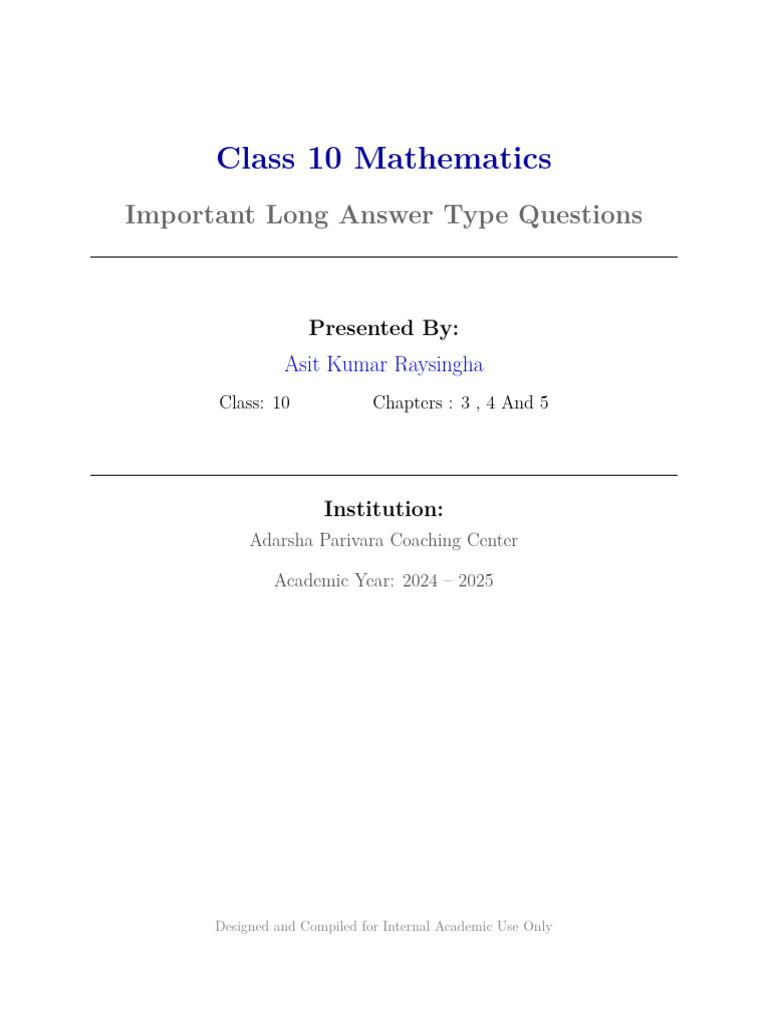 Class 10 Math Long Answer Questions | PDF | Speed | Quadratic Equation