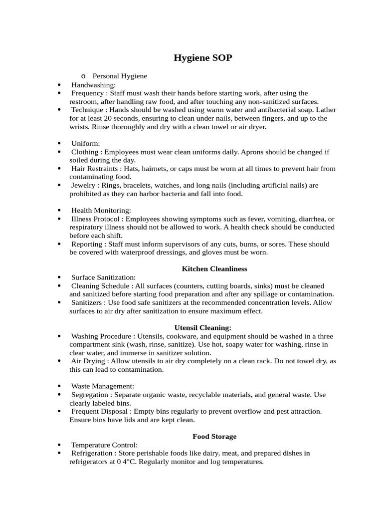 Kitchen Hygiene SOP Checklist | PDF | Hand Washing | Refrigerator