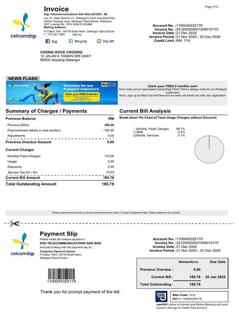 Digi Postpaid Bill Summary 2024 | PDF | Cheque | Roaming