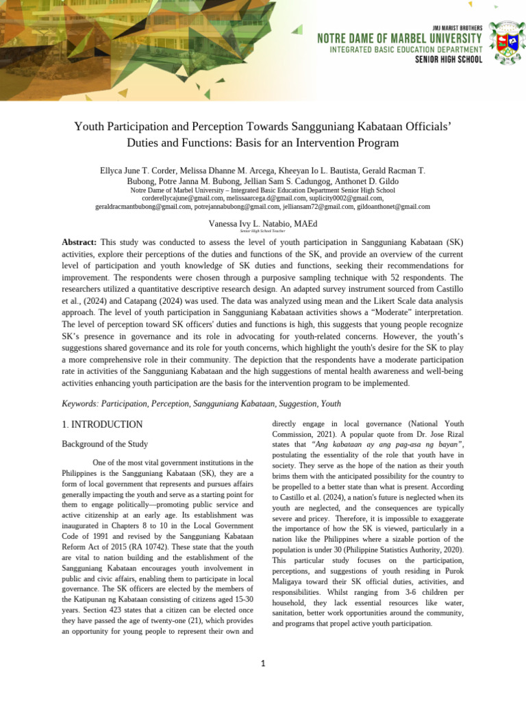 Youth Engagement in Sangguniang Kabataan | PDF | Mental Health | Data