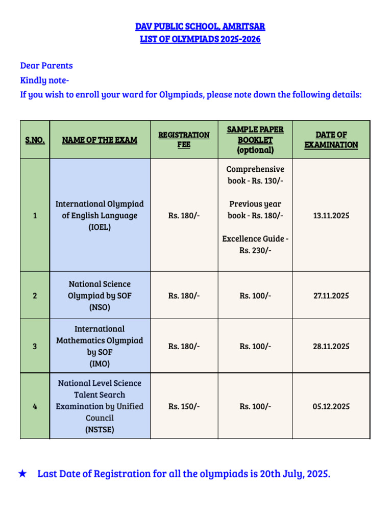 Olympiad Registration Details 2025-2026 | PDF