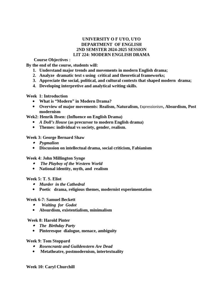 Modern English Drama Syllabus | PDF