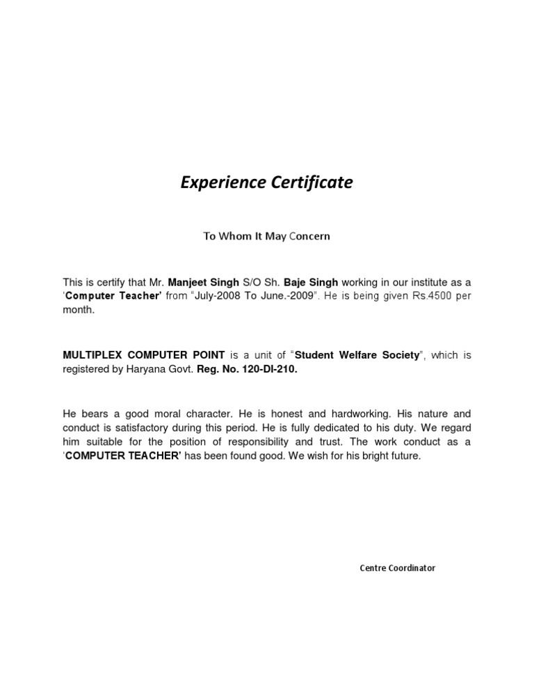 Computer Teacher Experience Certificate | PDF