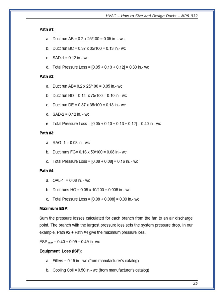 Duct Sizing and Pressure Loss Analysis | PDF