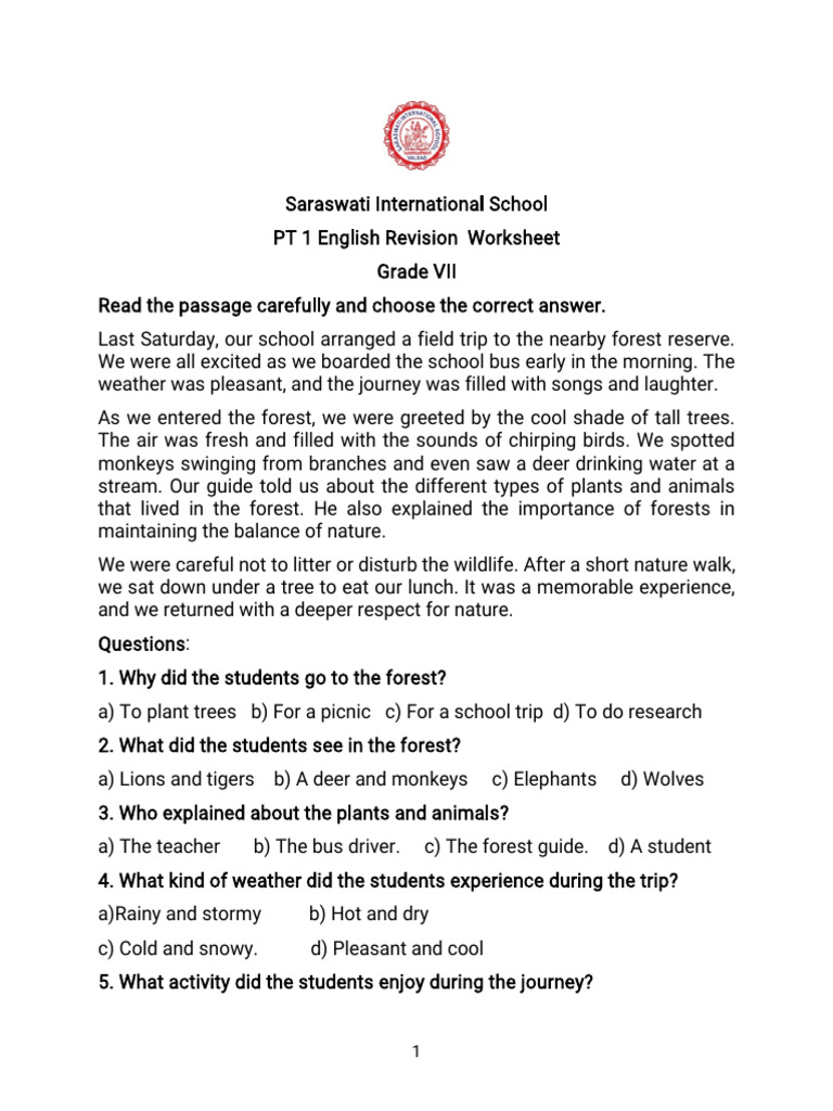2025-26 Grade 7 English PT 1 Revision Worksheet | PDF