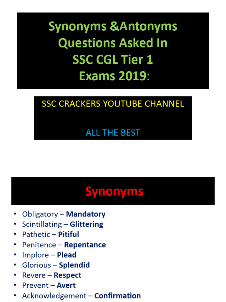 Synonyms and Antonyms for SSC CGL 2019 | PDF