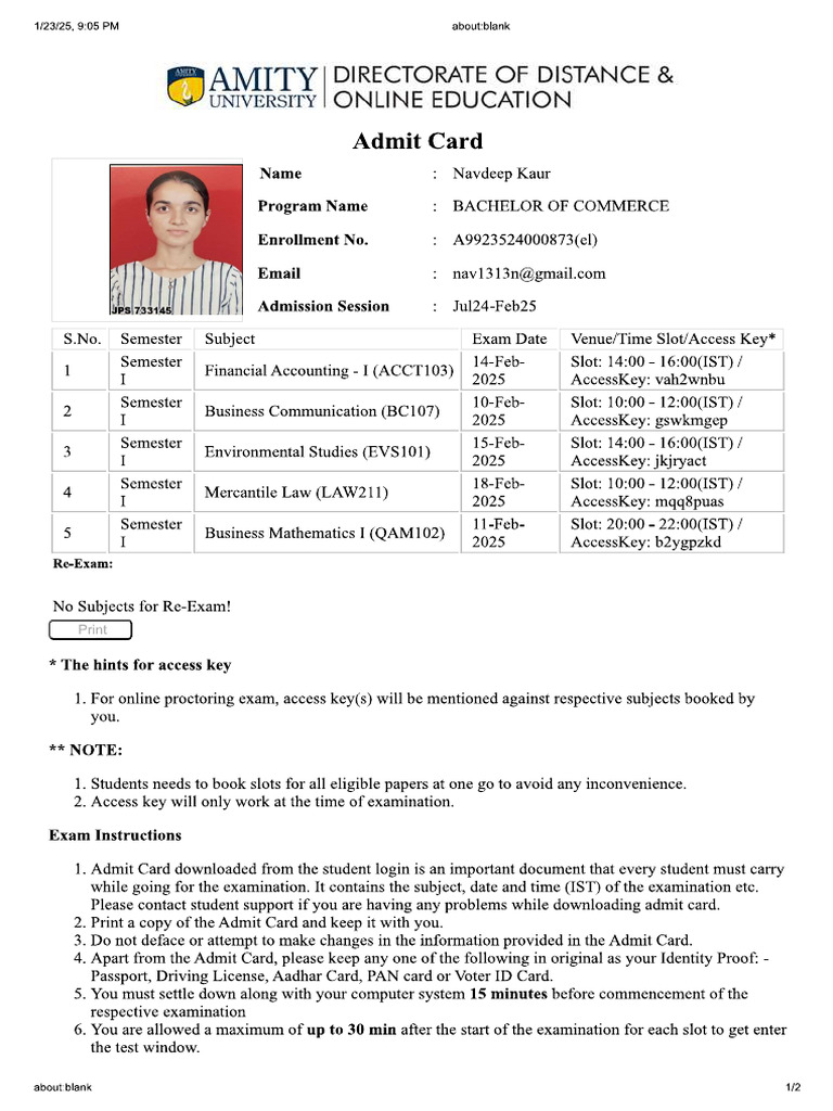 Amity Sem 1 Admit Card | PDF